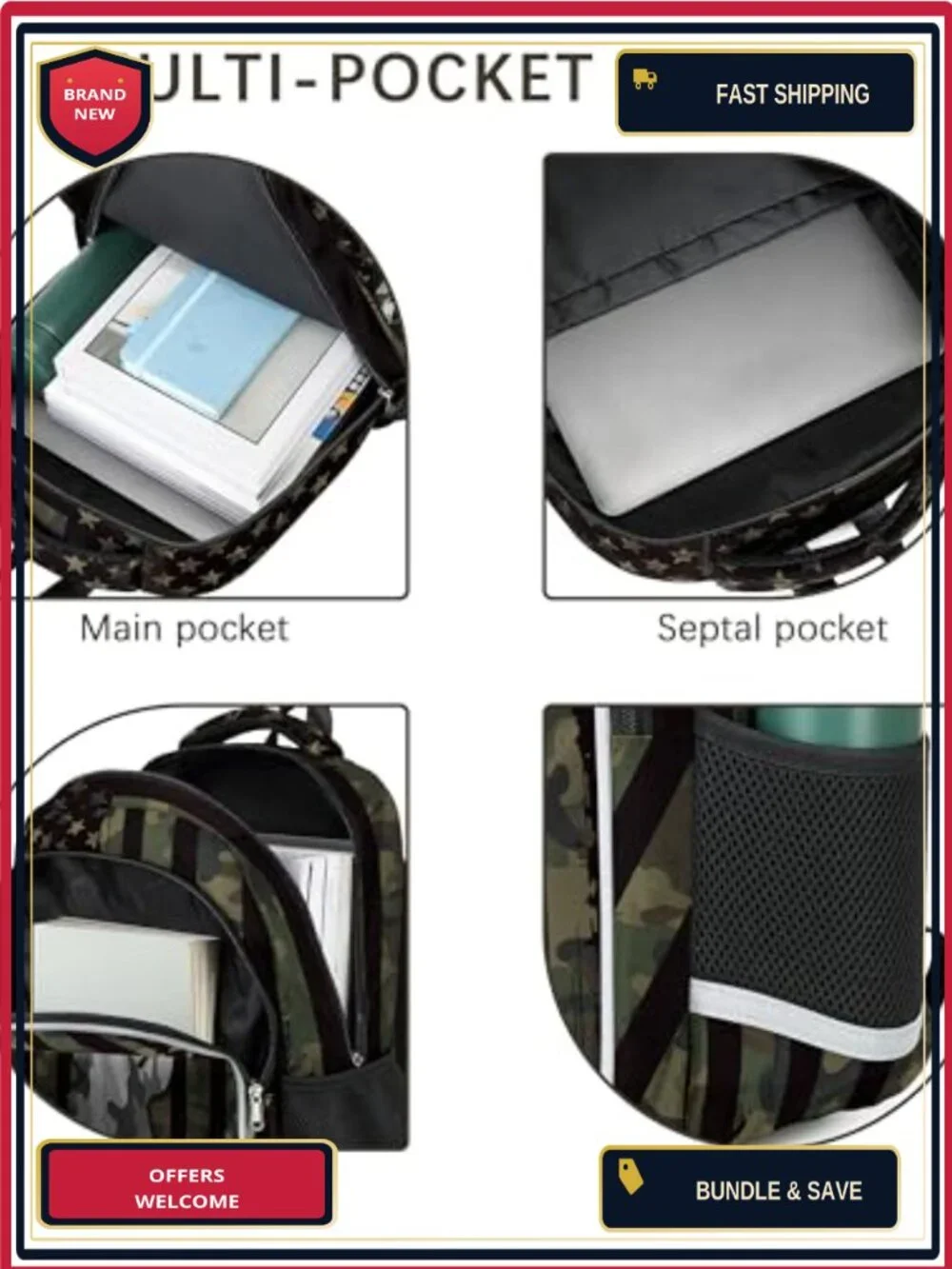 American Flag Camo Deer Boys Backpack Waterproof School Daypack Laptop Pocket